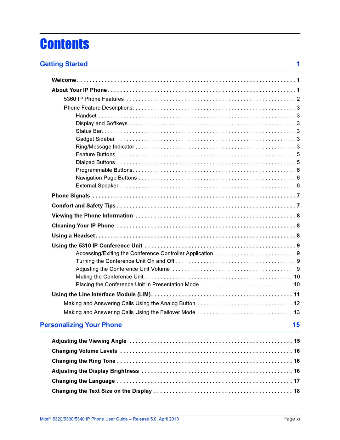 Mitel 5330, 5340, 5320 manual Contents 