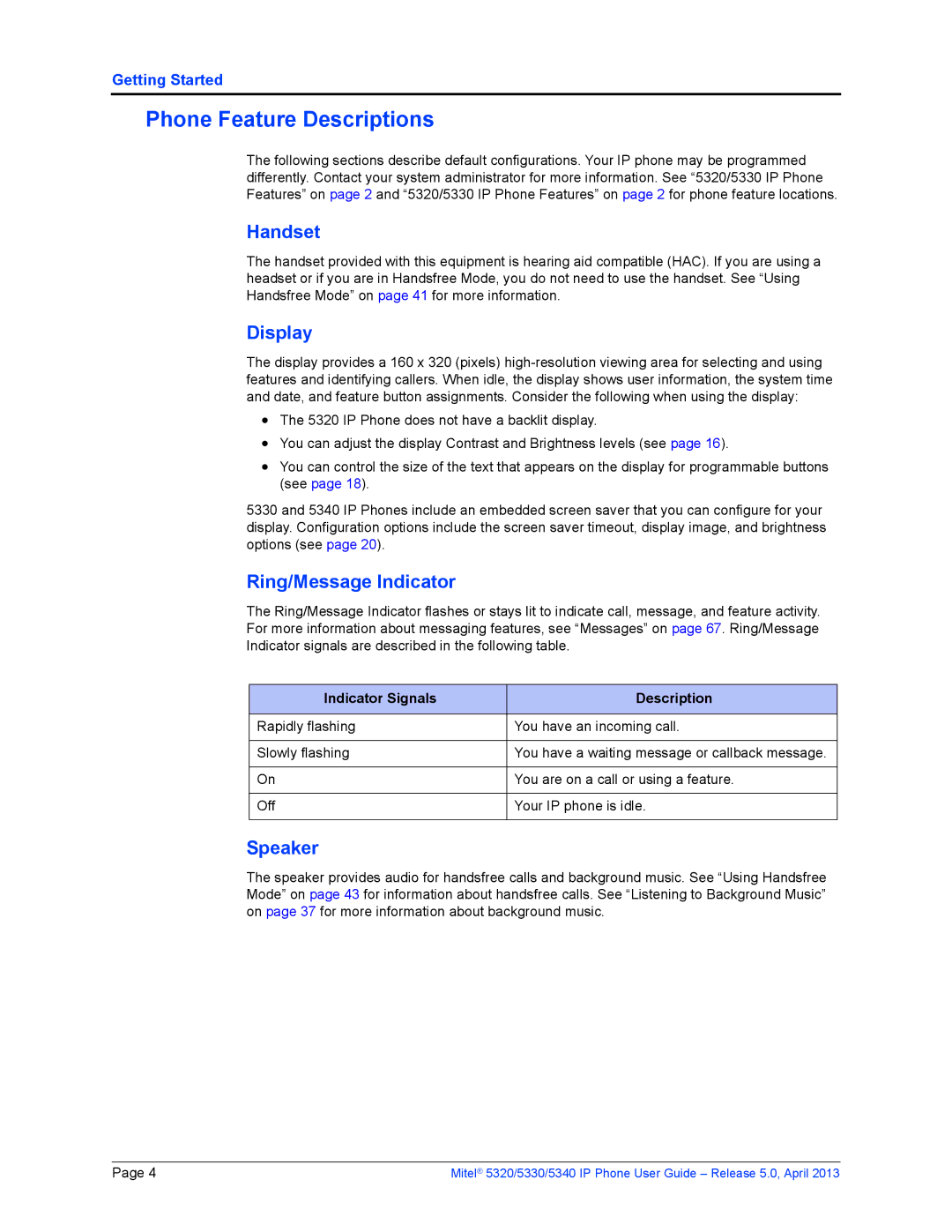 Mitel 5330, 5340, 5320 manual Phone Feature Descriptions, Handset, Display, Ring/Message Indicator, Speaker 