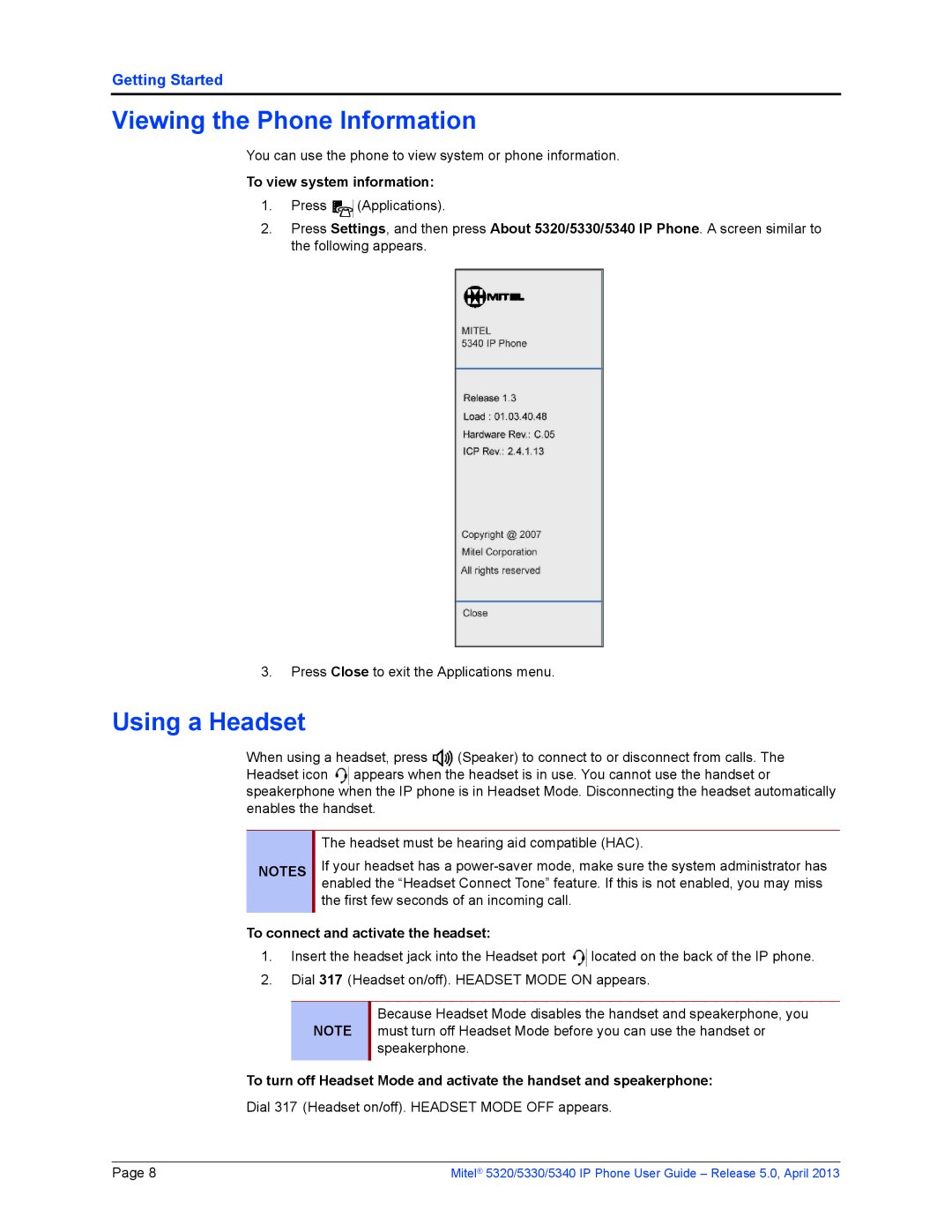 Mitel 5340 Viewing the Phone Information, Using a Headset, To view system information, To connect and activate the headset 