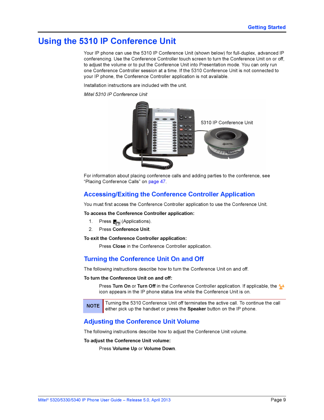 Mitel 5320, 5340, 5330 manual Using the 5310 IP Conference Unit, Accessing/Exiting the Conference Controller Application 