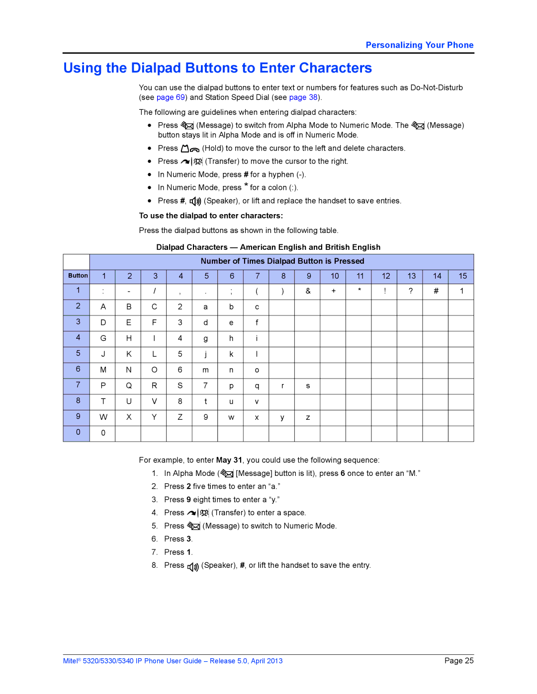 Mitel 5330, 5340, 5320 manual Using the Dialpad Buttons to Enter Characters, To use the dialpad to enter characters 