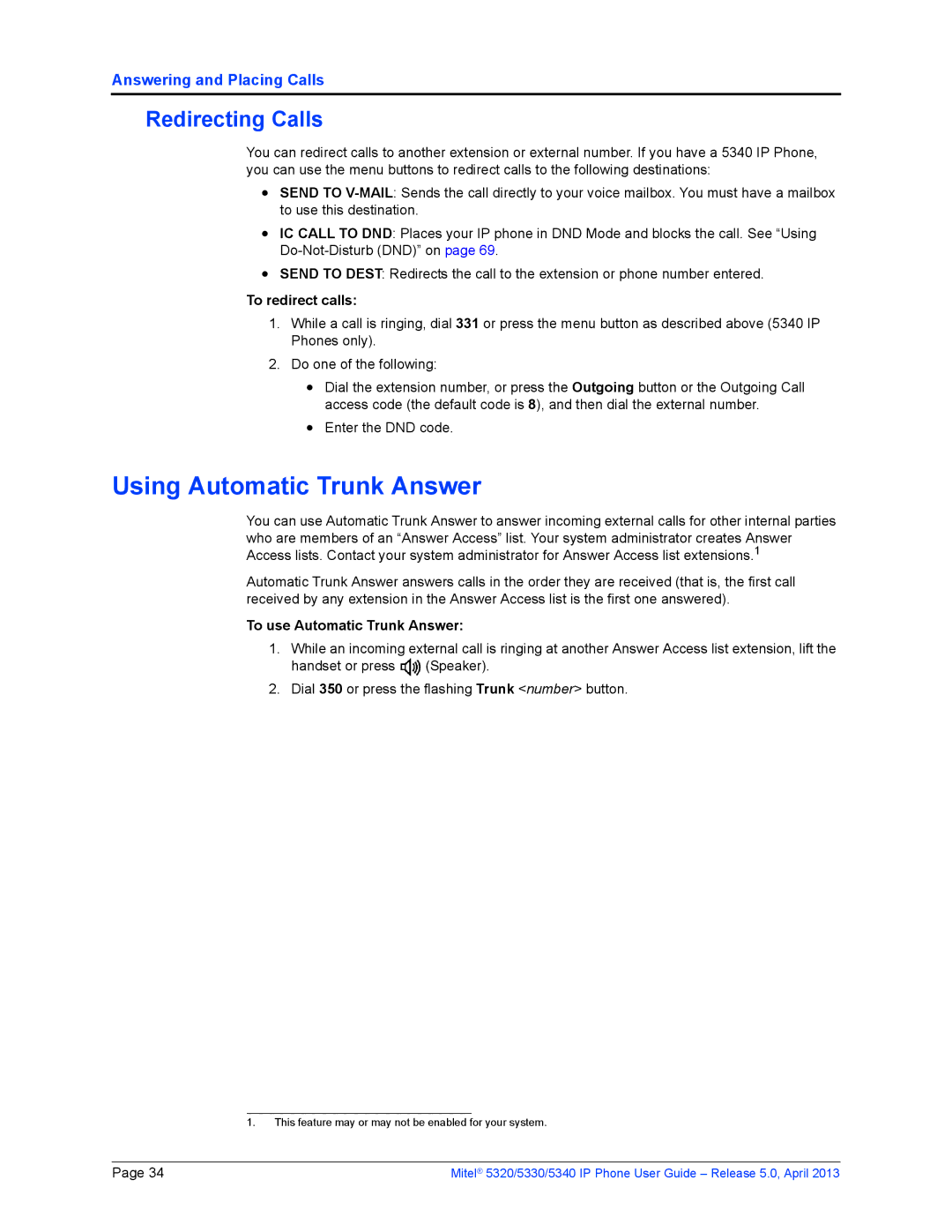 Mitel 5330, 5340, 5320 Using Automatic Trunk Answer, Redirecting Calls, To redirect calls, To use Automatic Trunk Answer 