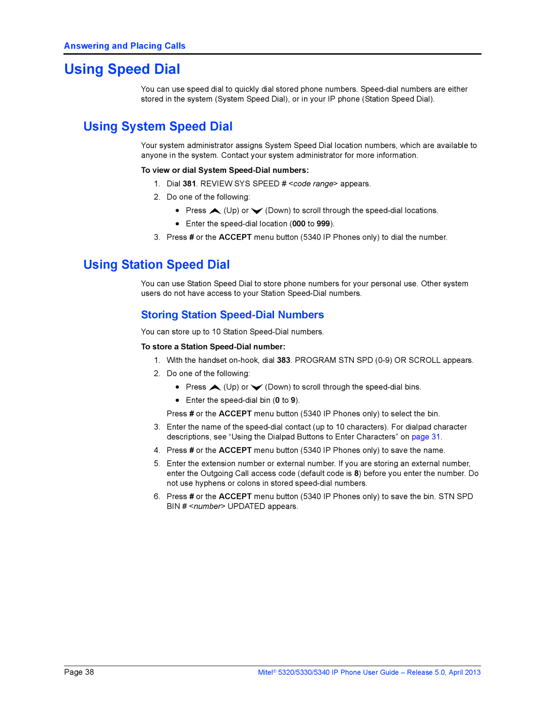 Mitel 5340, 5320 Using Speed Dial, Using System Speed Dial, Using Station Speed Dial, Storing Station Speed-Dial Numbers 