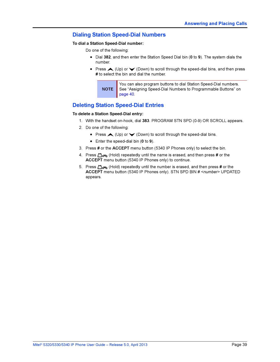 Mitel 5320 Dialing Station Speed-Dial Numbers, Deleting Station Speed-Dial Entries, To dial a Station Speed-Dial number 