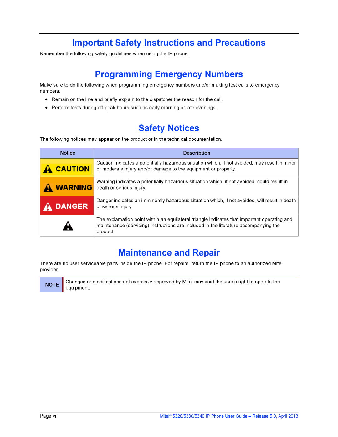 Mitel 5340, 5320 Important Safety Instructions and Precautions, Programming Emergency Numbers, Safety Notices, Description 