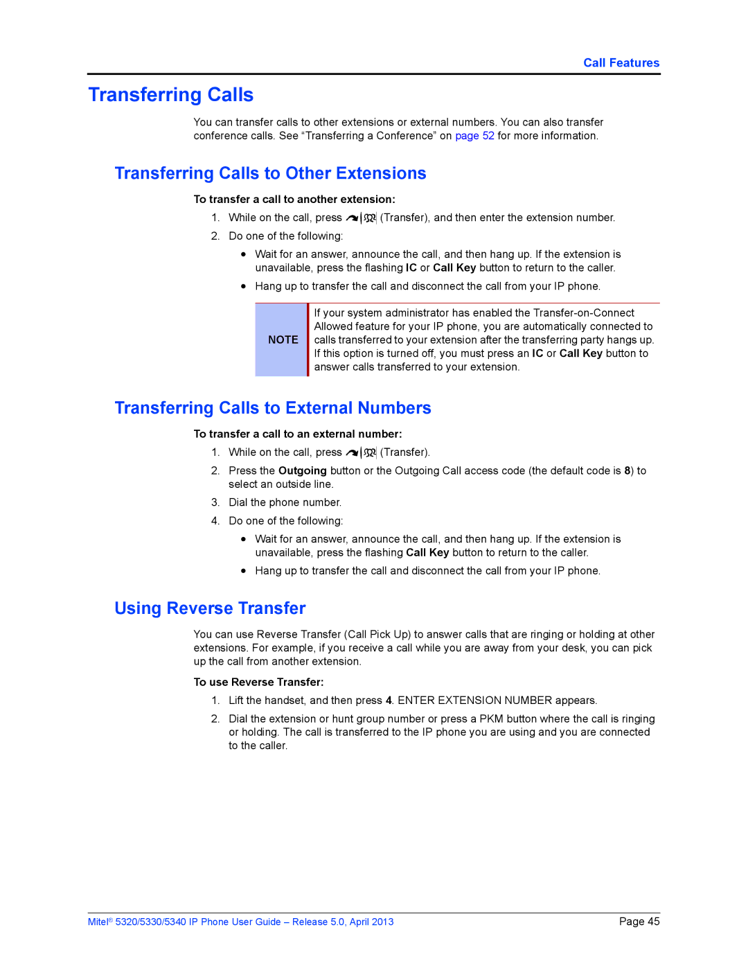 Mitel 5320 Transferring Calls to Other Extensions, Transferring Calls to External Numbers, Using Reverse Transfer 