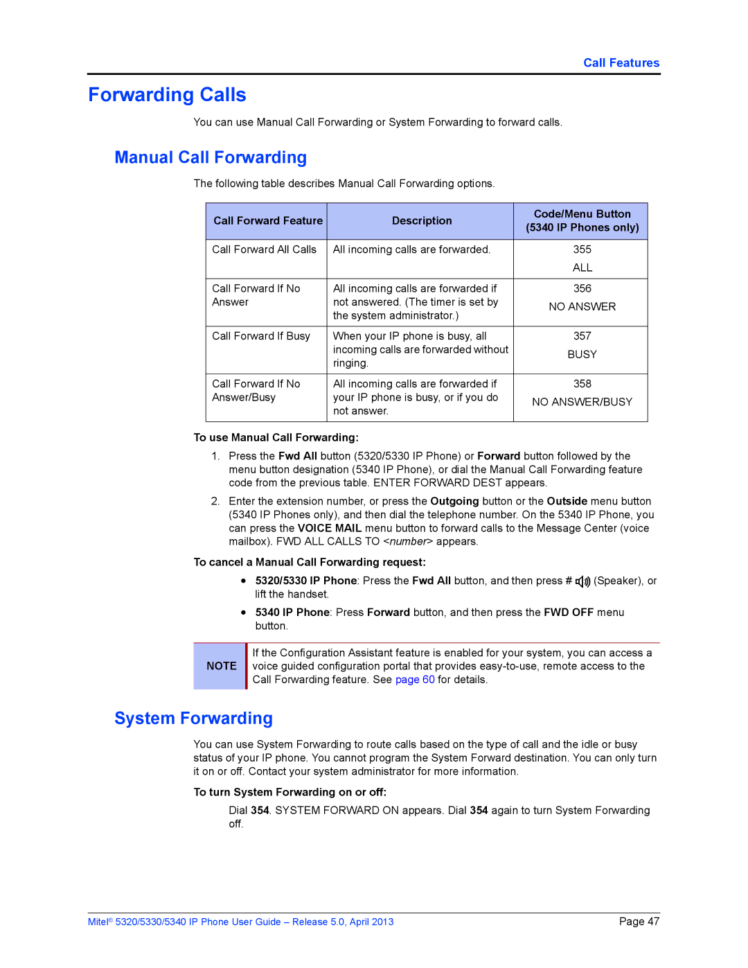 Mitel 5340, 5320, 5330 manual Forwarding Calls, Manual Call Forwarding, System Forwarding 