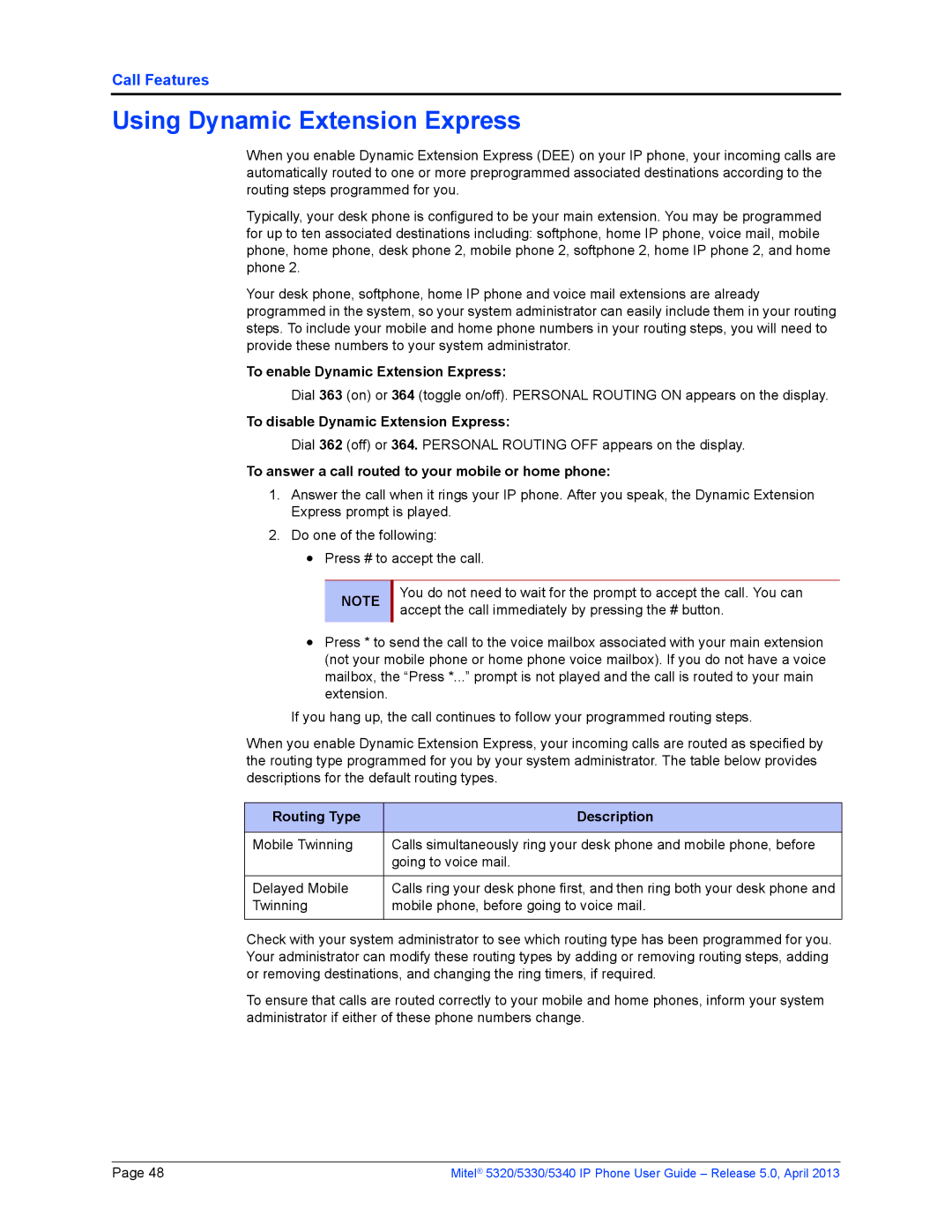 Mitel 5320 Using Dynamic Extension Express, To enable Dynamic Extension Express, To disable Dynamic Extension Express 