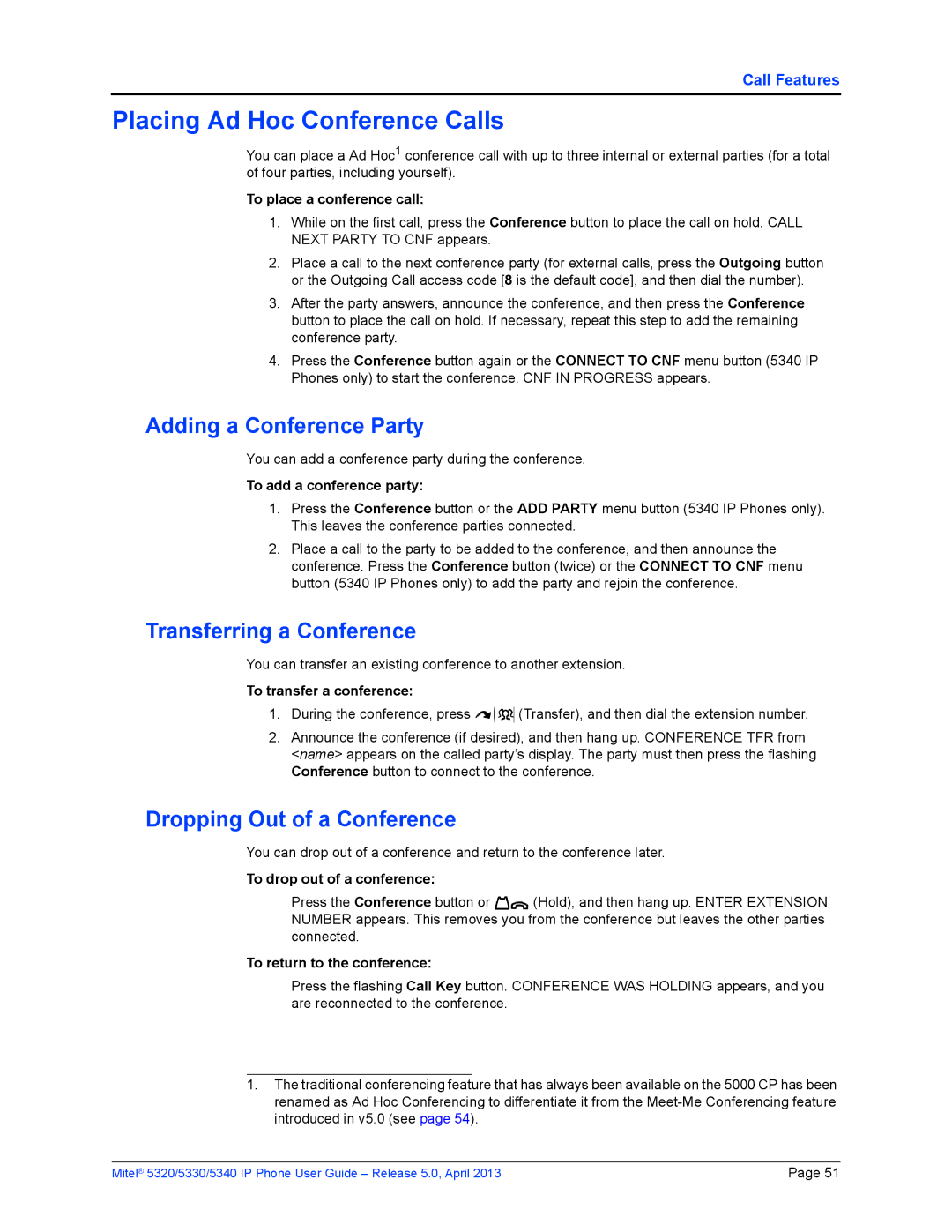 Mitel 5320, 5340, 5330 manual Placing Ad Hoc Conference Calls, Adding a Conference Party, Transferring a Conference 