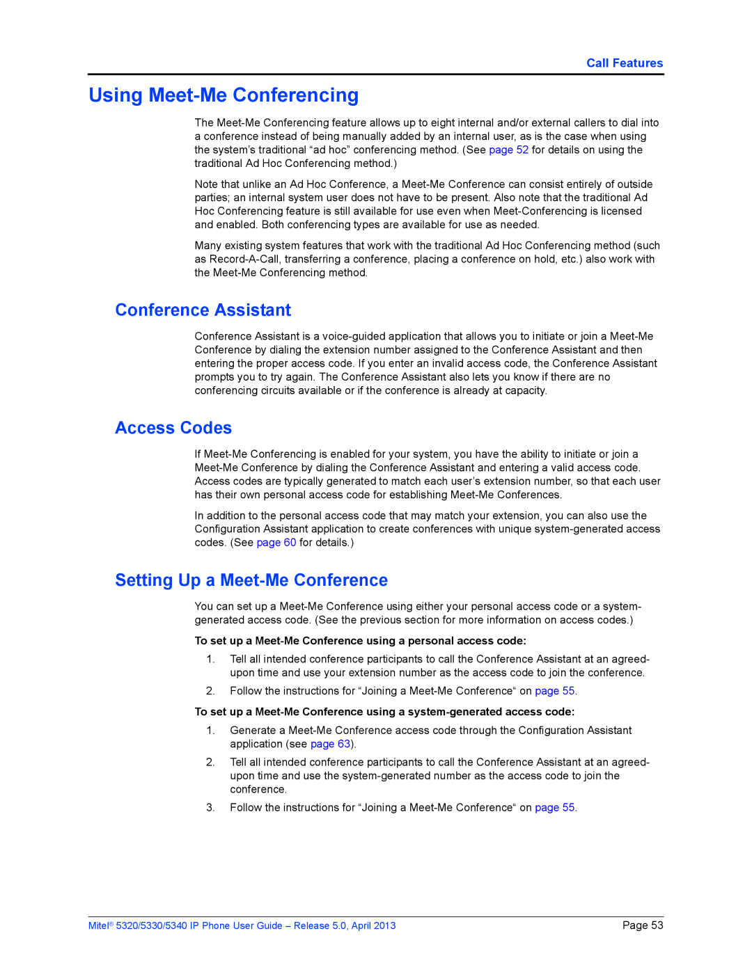 Mitel 5340, 5320, 5330 manual Using Meet-Me Conferencing, Conference Assistant, Access Codes, Setting Up a Meet-Me Conference 