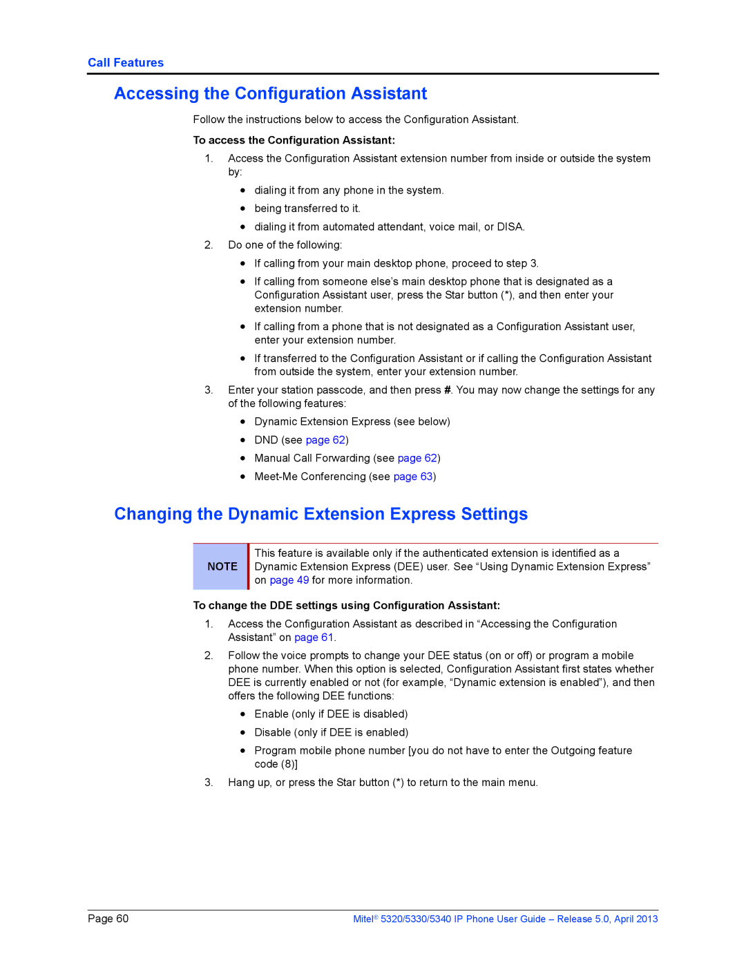 Mitel 5320, 5340, 5330 manual Accessing the Configuration Assistant, Changing the Dynamic Extension Express Settings 