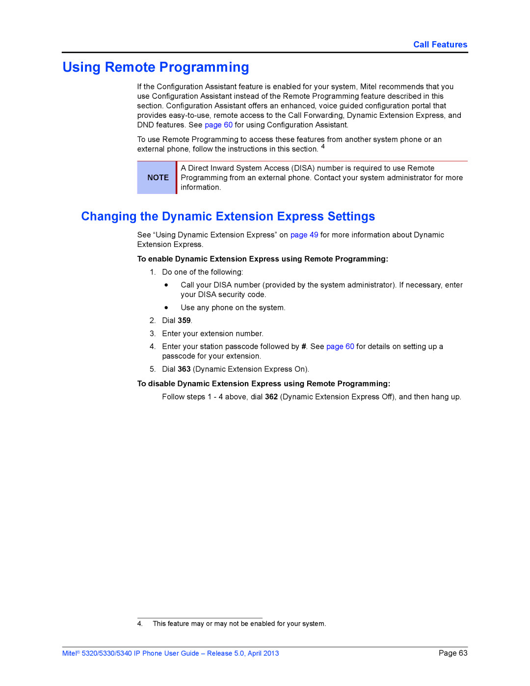 Mitel 5320, 5340, 5330 manual Using Remote Programming, To enable Dynamic Extension Express using Remote Programming 