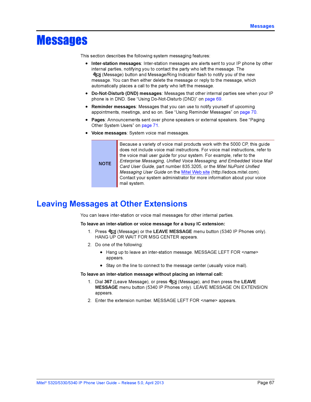 Mitel 5330, 5340, 5320 manual Leaving Messages at Other Extensions 