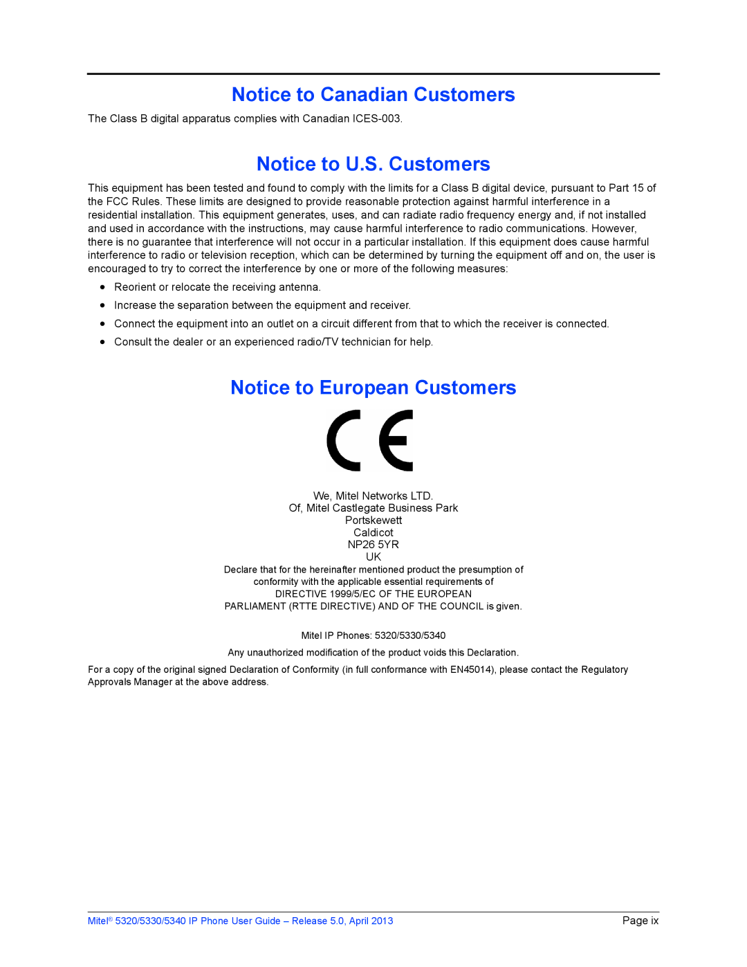 Mitel 5340, 5320, 5330 manual Directive 1999/5/EC of the European 