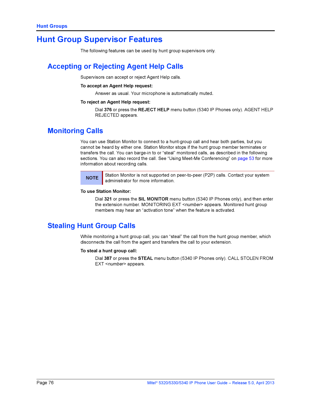 Mitel 5330, 5340, 5320 manual Hunt Group Supervisor Features, Accepting or Rejecting Agent Help Calls, Monitoring Calls 