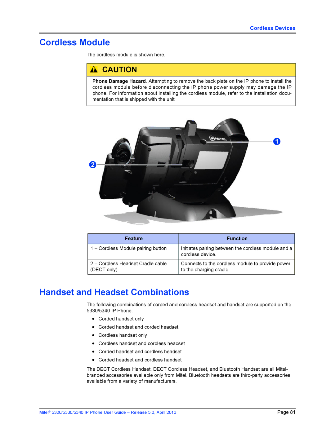 Mitel 5320, 5340, 5330 manual Cordless Module, Handset and Headset Combinations 