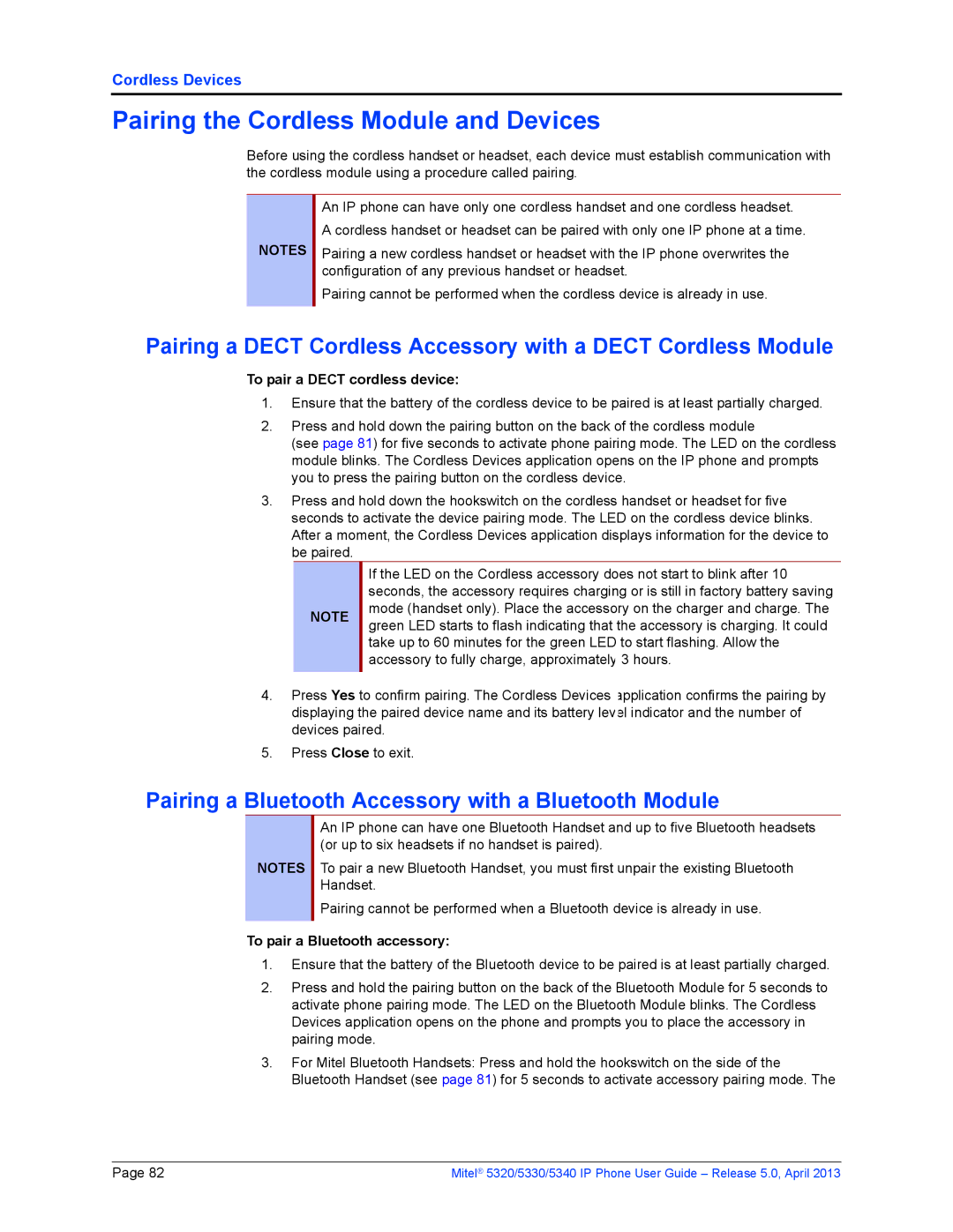 Mitel 5330, 5340, 5320 manual Pairing the Cordless Module and Devices, Pairing a Bluetooth Accessory with a Bluetooth Module 