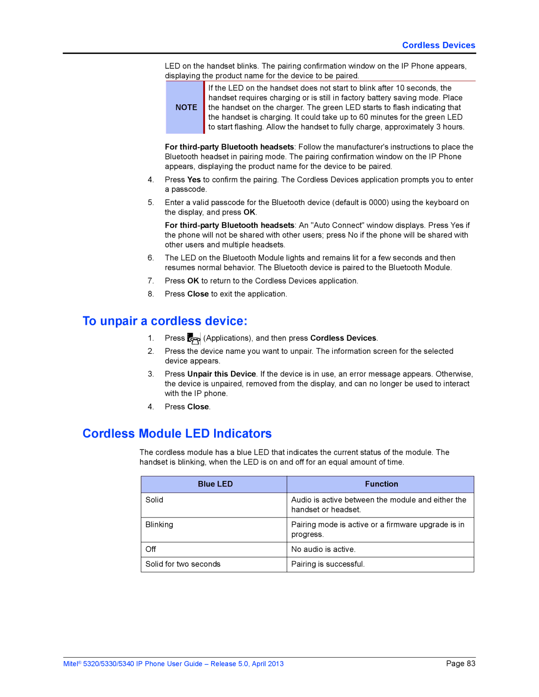 Mitel 5340, 5320, 5330 manual To unpair a cordless device, Cordless Module LED Indicators, Blue LED Function 