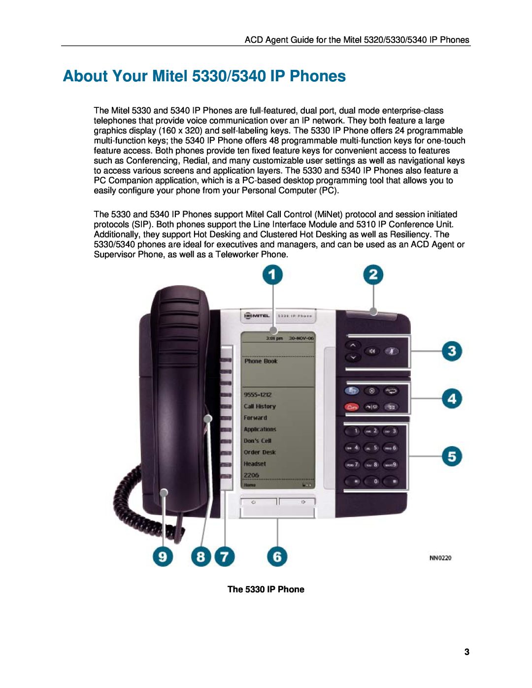 Mitel 5320 manual About Your Mitel 5330/5340 IP Phones, The 5330 IP Phone 