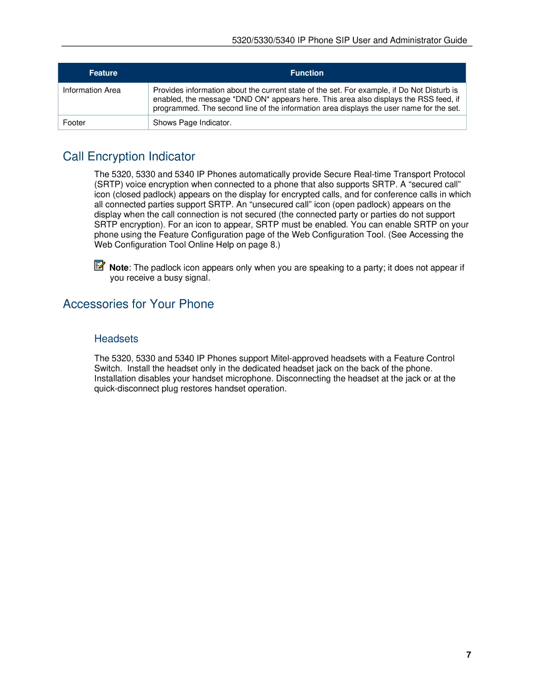 Mitel 5330, 5340 manual Call Encryption Indicator, Accessories for Your Phone, Headsets 