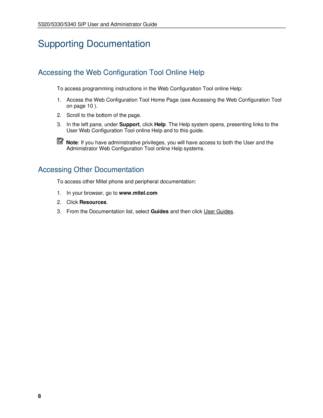 Mitel 5340, 5330 Supporting Documentation, Accessing the Web Configuration Tool Online Help, Accessing Other Documentation 