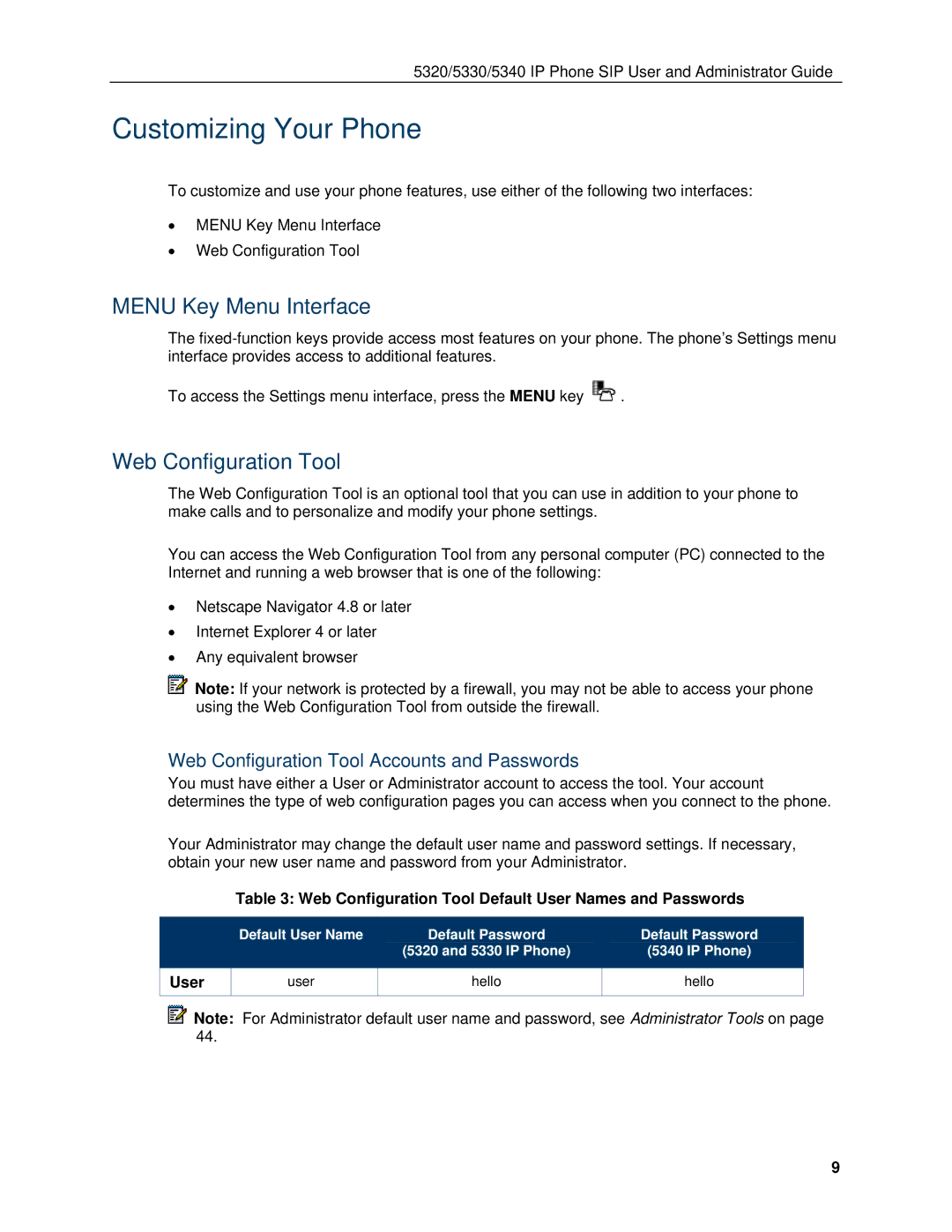 Mitel 5330, 5340 manual Customizing Your Phone, Menu Key Menu Interface, Web Configuration Tool 