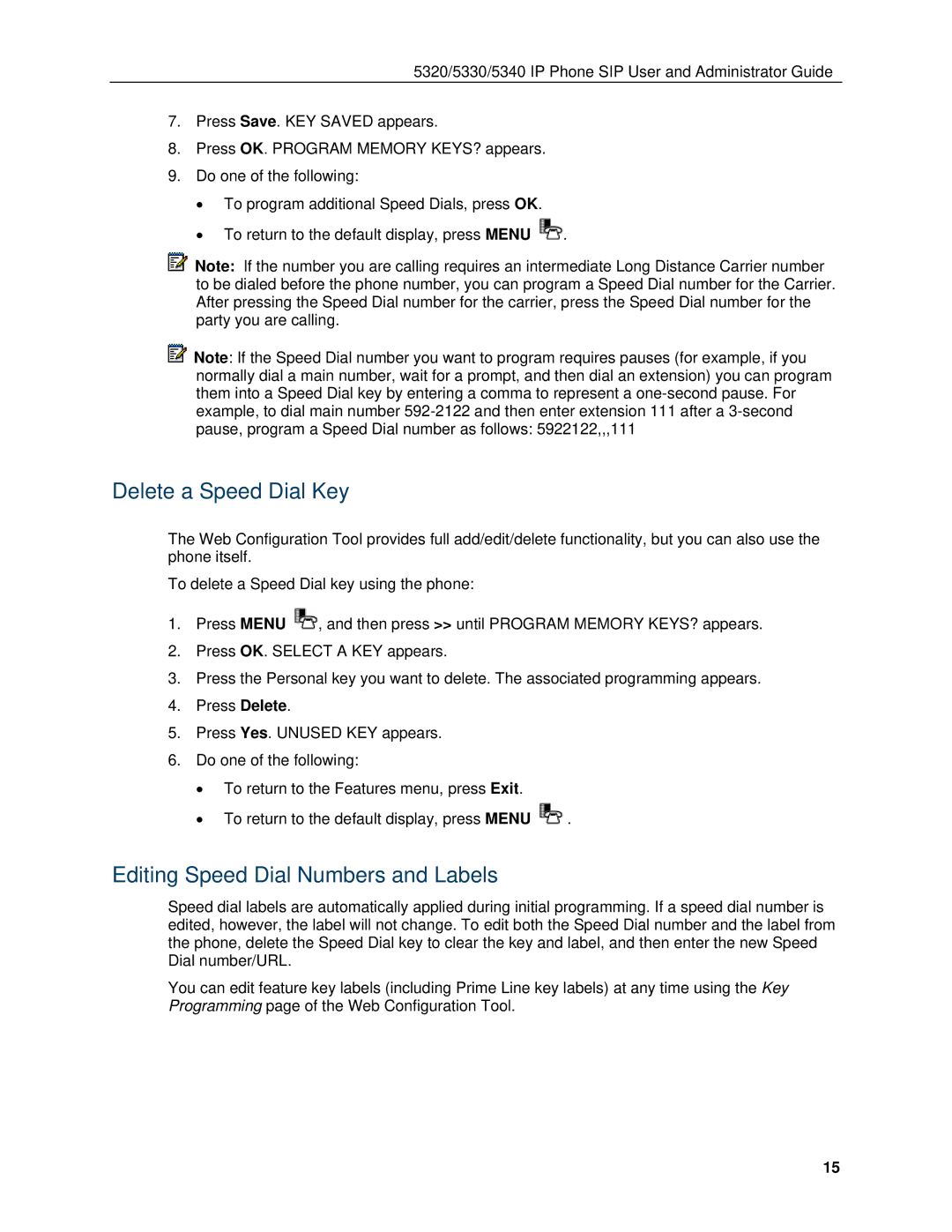 Mitel 5330, 5340 manual Delete a Speed Dial Key, Editing Speed Dial Numbers and Labels 