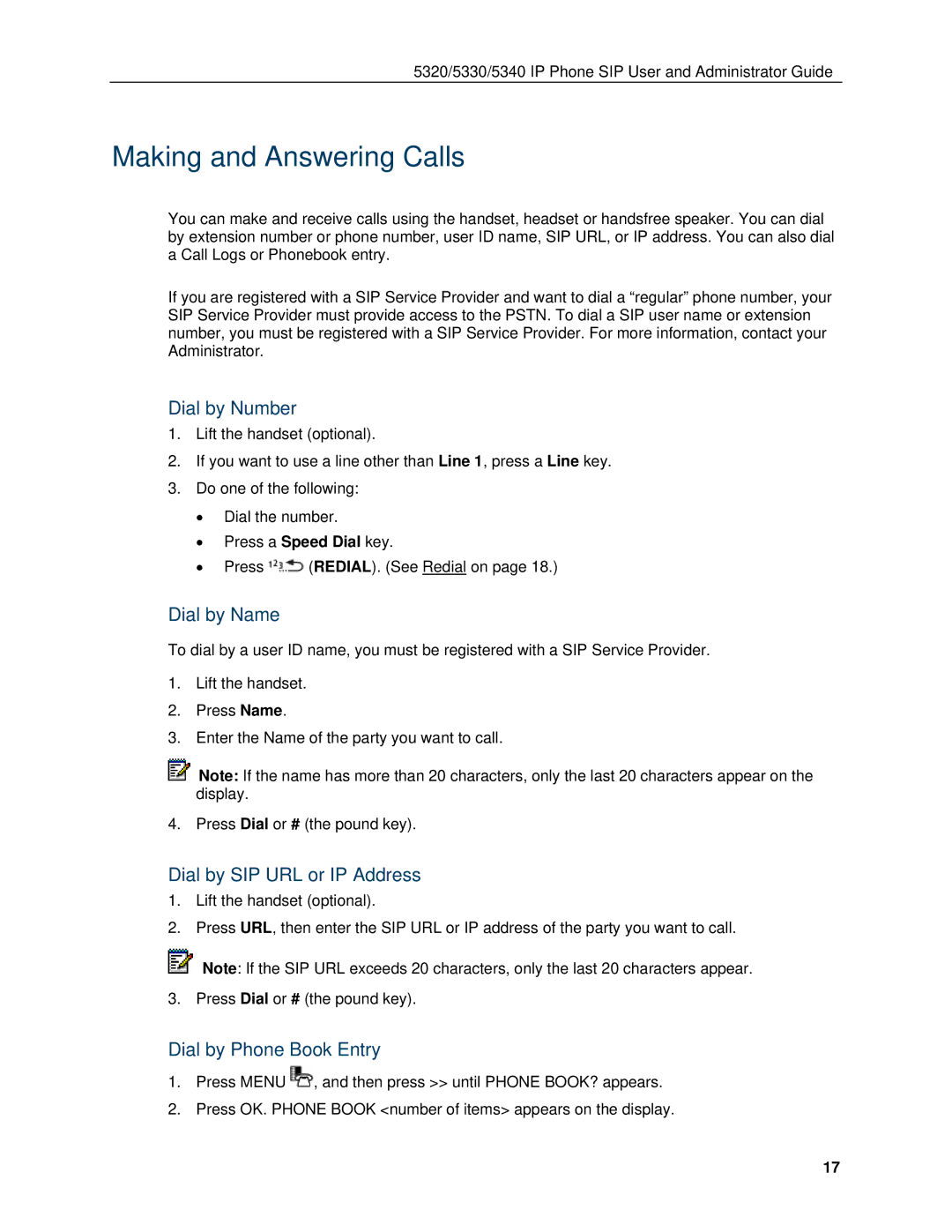 Mitel 5330, 5340 manual Making and Answering Calls, Dial by Number, Dial by Name, Dial by SIP URL or IP Address 