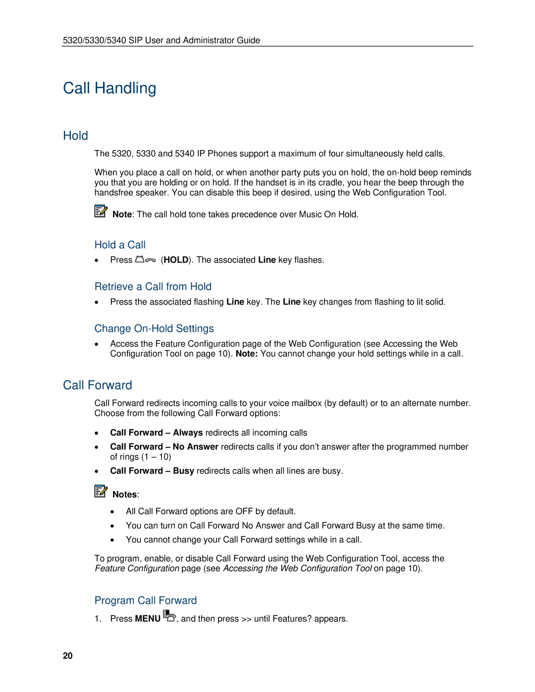 Mitel 5340, 5330 manual Call Handling, Hold, Call Forward 