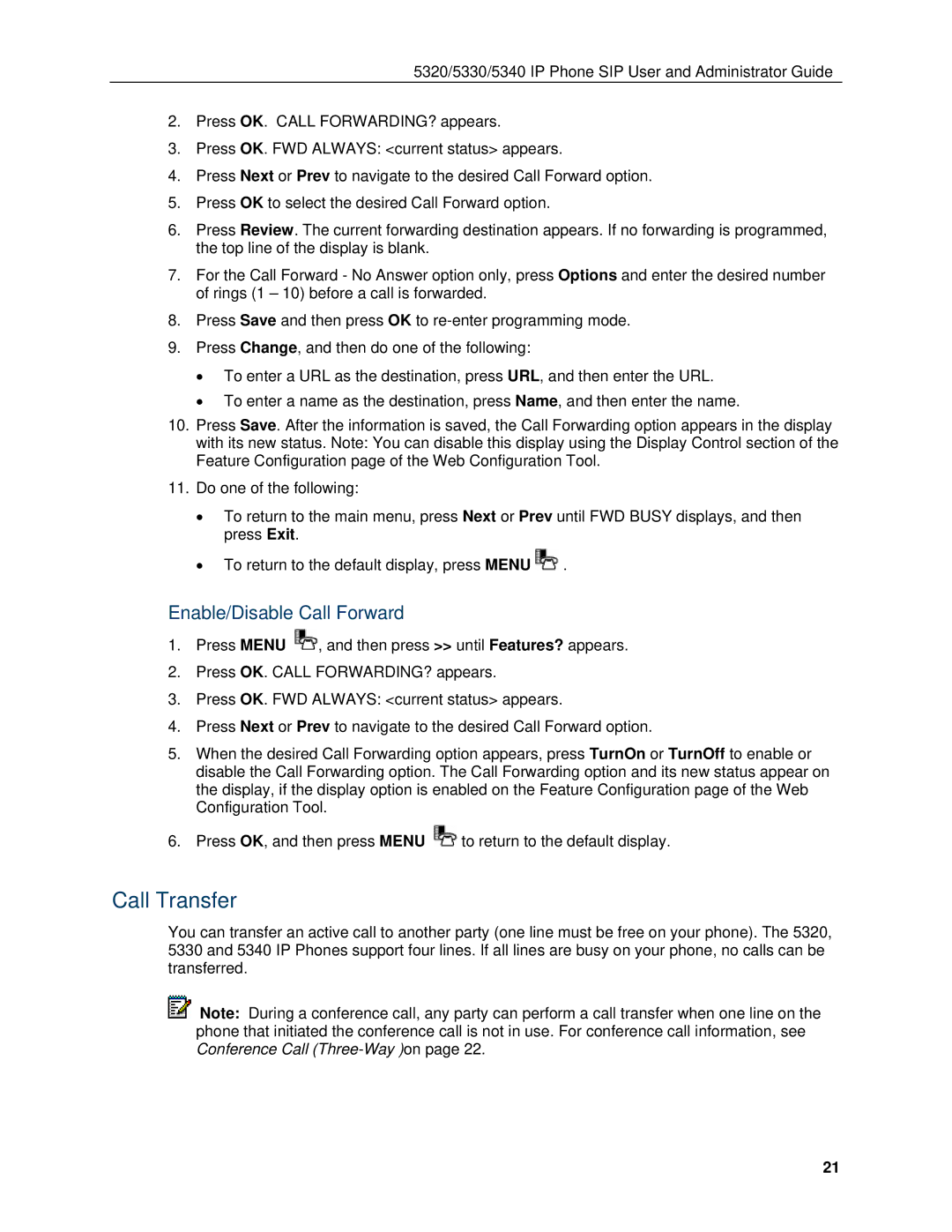 Mitel 5330, 5340 manual Call Transfer, Enable/Disable Call Forward 