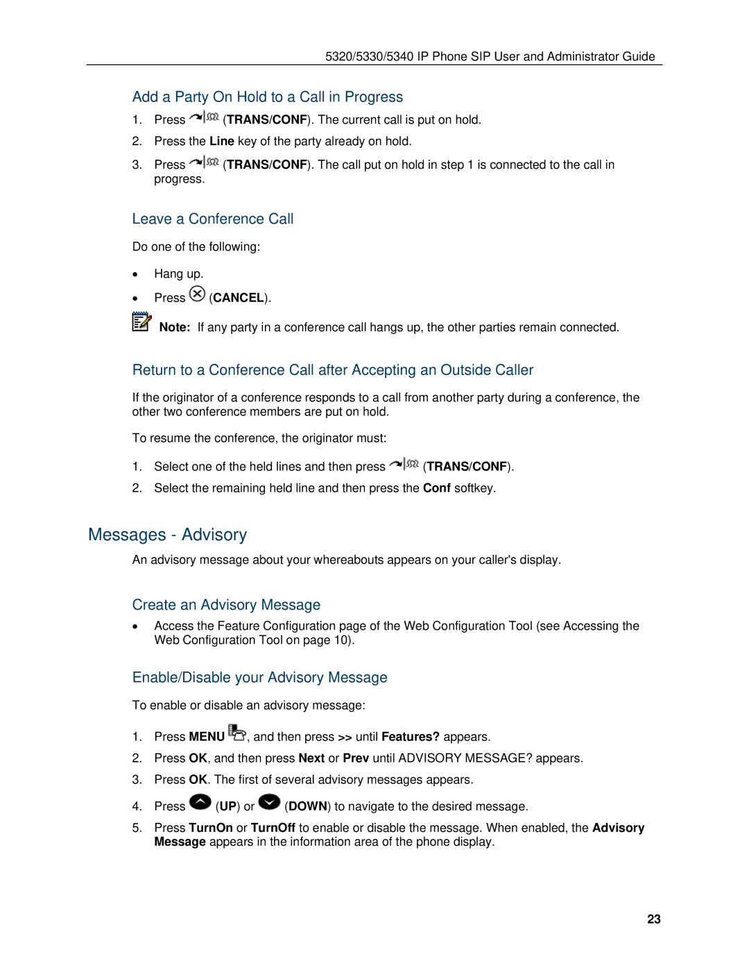 Mitel 5330, 5340 manual Messages Advisory, Add a Party On Hold to a Call in Progress, Leave a Conference Call 