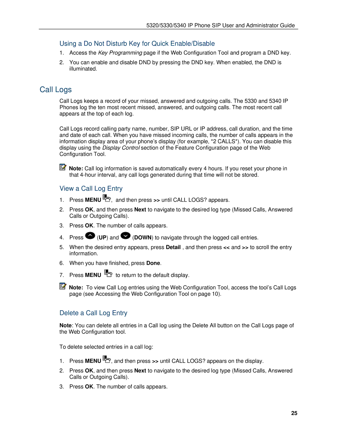 Mitel 5330 Call Logs, Using a Do Not Disturb Key for Quick Enable/Disable, View a Call Log Entry, Delete a Call Log Entry 