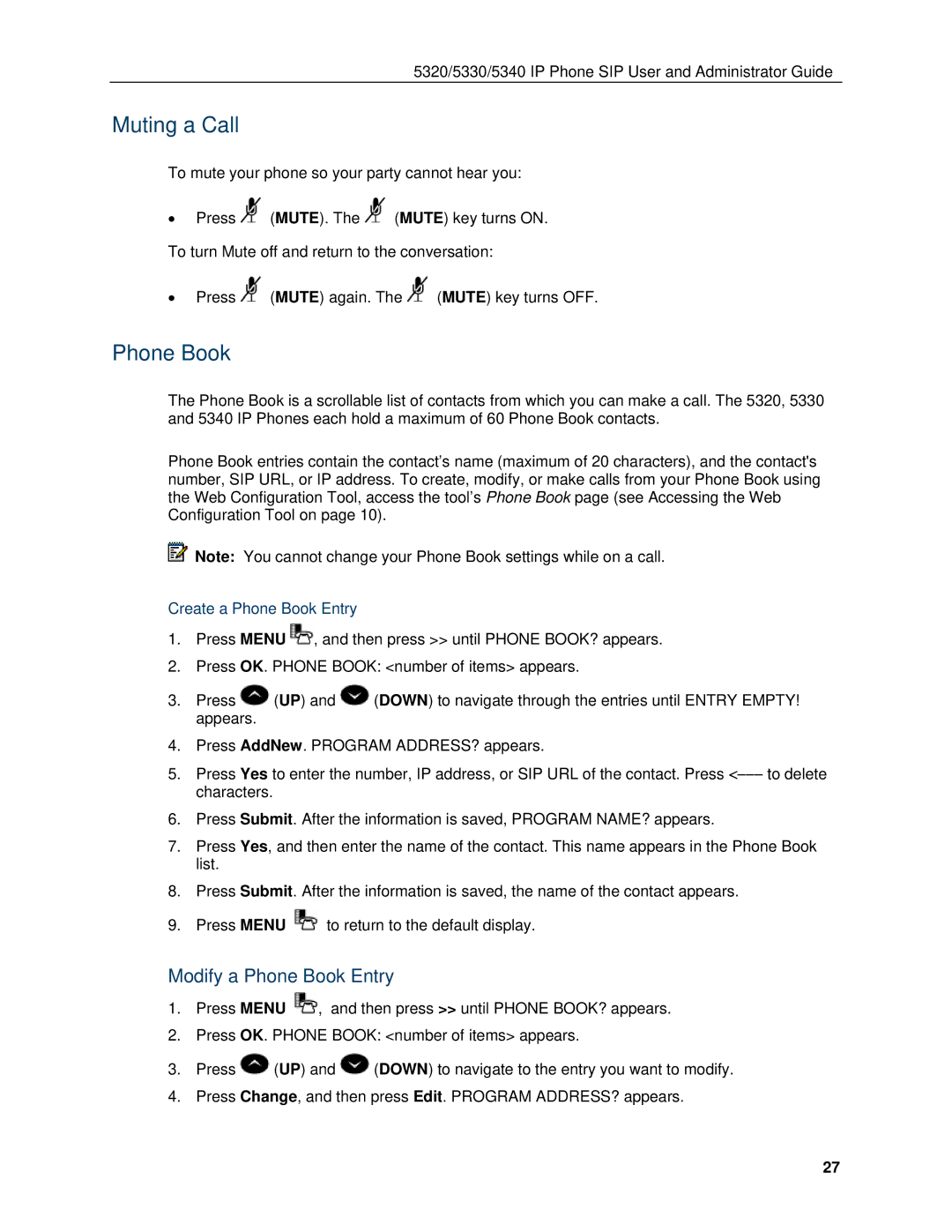 Mitel 5330, 5340 manual Muting a Call, Modify a Phone Book Entry 