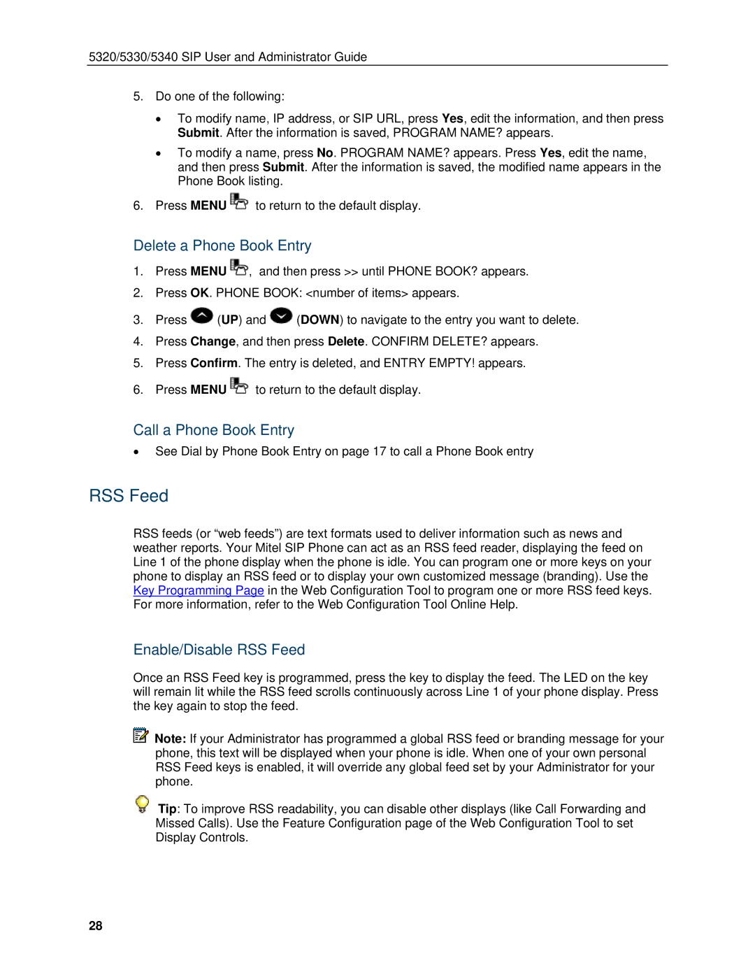 Mitel 5340, 5330 manual Delete a Phone Book Entry, Call a Phone Book Entry, Enable/Disable RSS Feed 