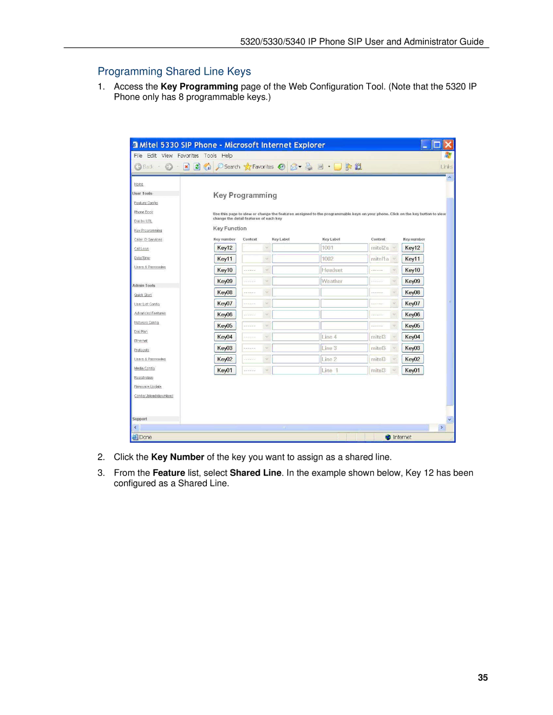 Mitel 5330, 5340 manual Programming Shared Line Keys 