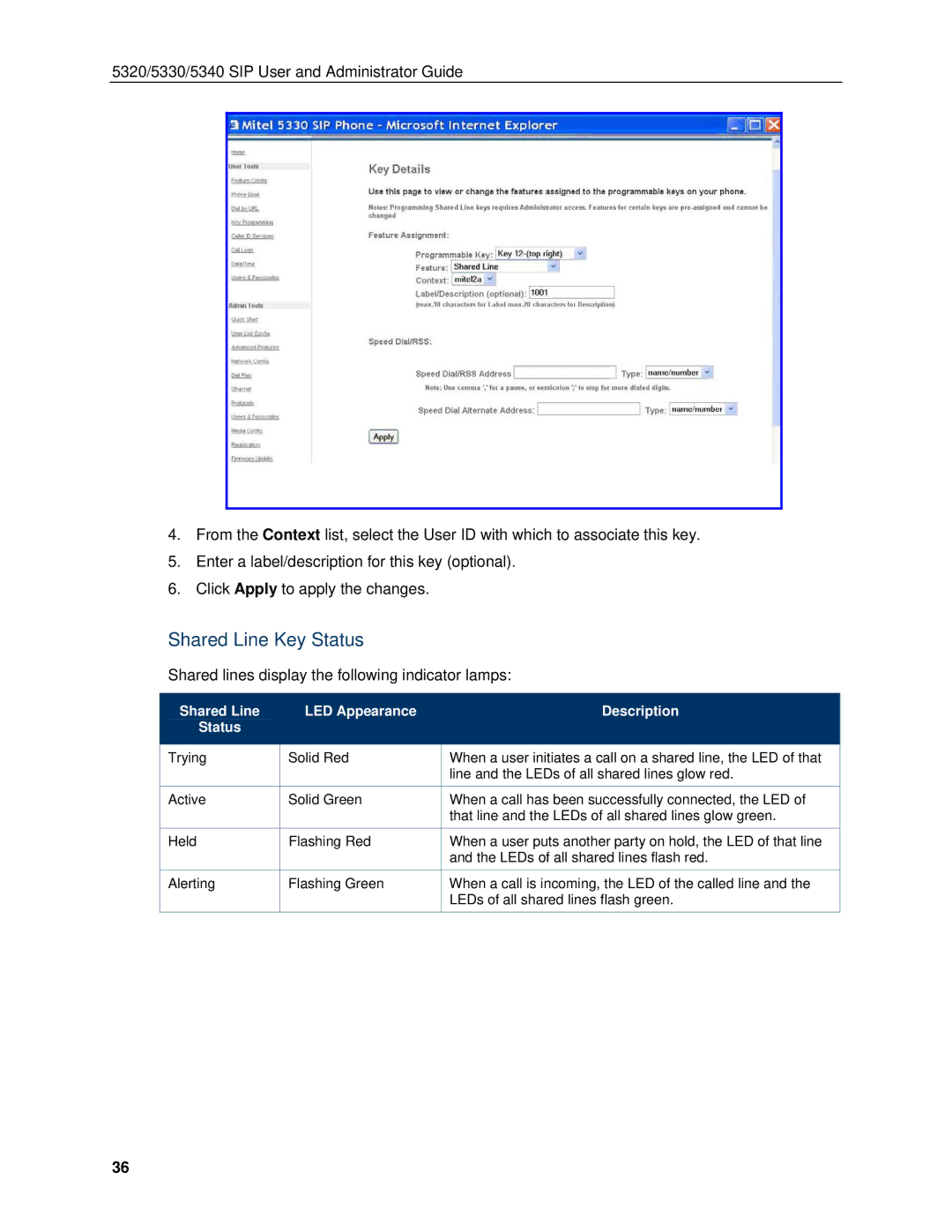 Mitel 5340, 5330 manual Shared Line Key Status, Shared lines display the following indicator lamps 