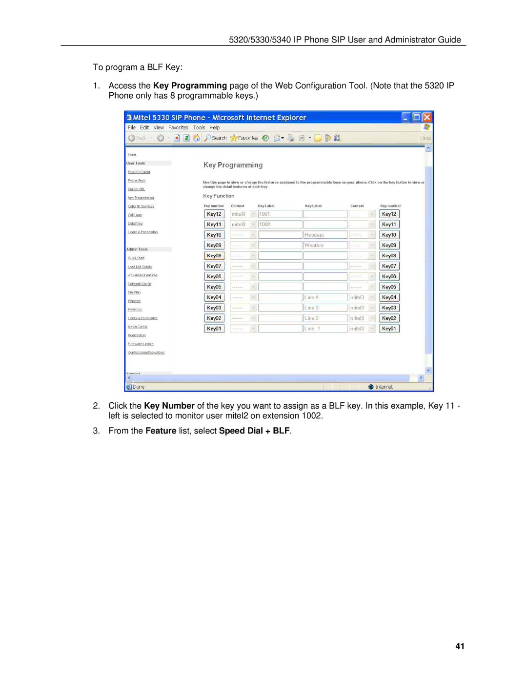 Mitel 5330, 5340 manual From the Feature list, select Speed Dial + BLF 