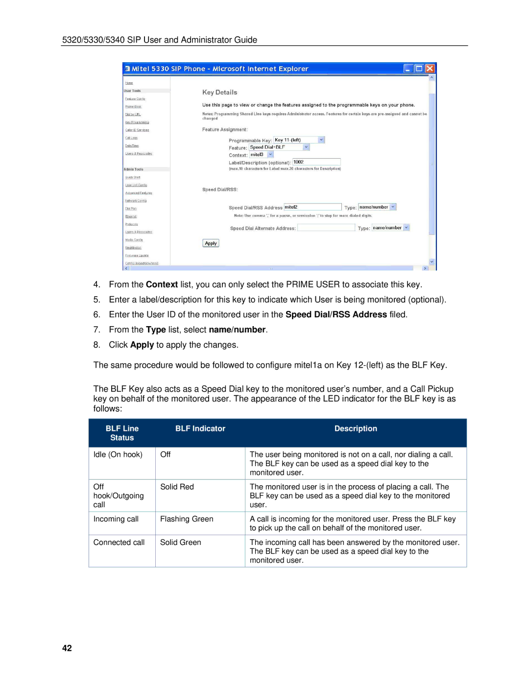 Mitel 5340, 5330 manual BLF Line BLF Indicator Description Status 