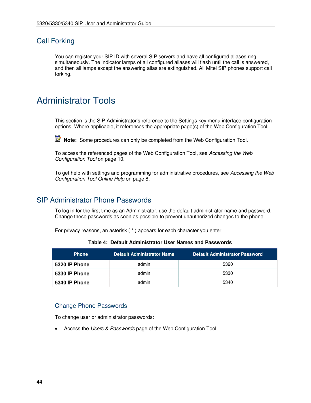 Mitel 5340, 5330 manual Administrator Tools, Call Forking, SIP Administrator Phone Passwords, Change Phone Passwords 