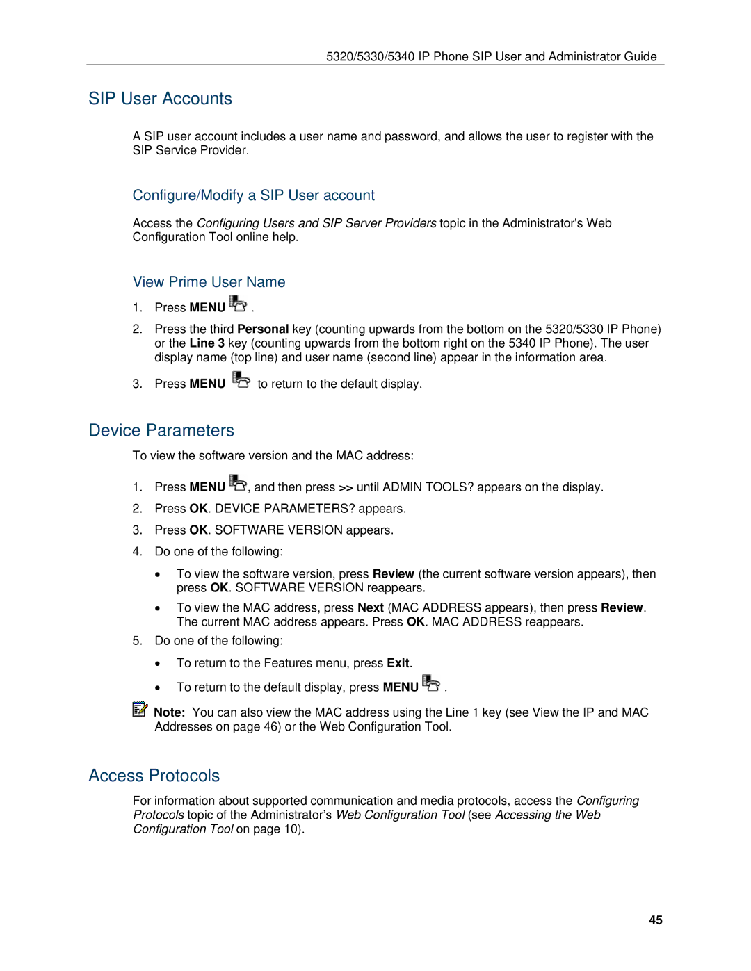 Mitel 5330, 5340 manual SIP User Accounts, Device Parameters, Access Protocols, Configure/Modify a SIP User account 