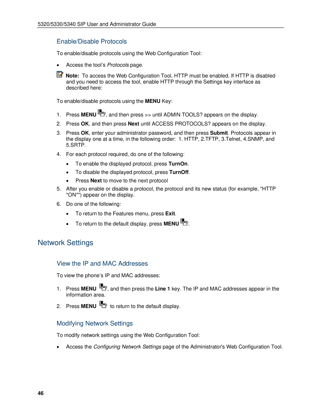 Mitel 5340, 5330 manual Enable/Disable Protocols, View the IP and MAC Addresses, Modifying Network Settings 