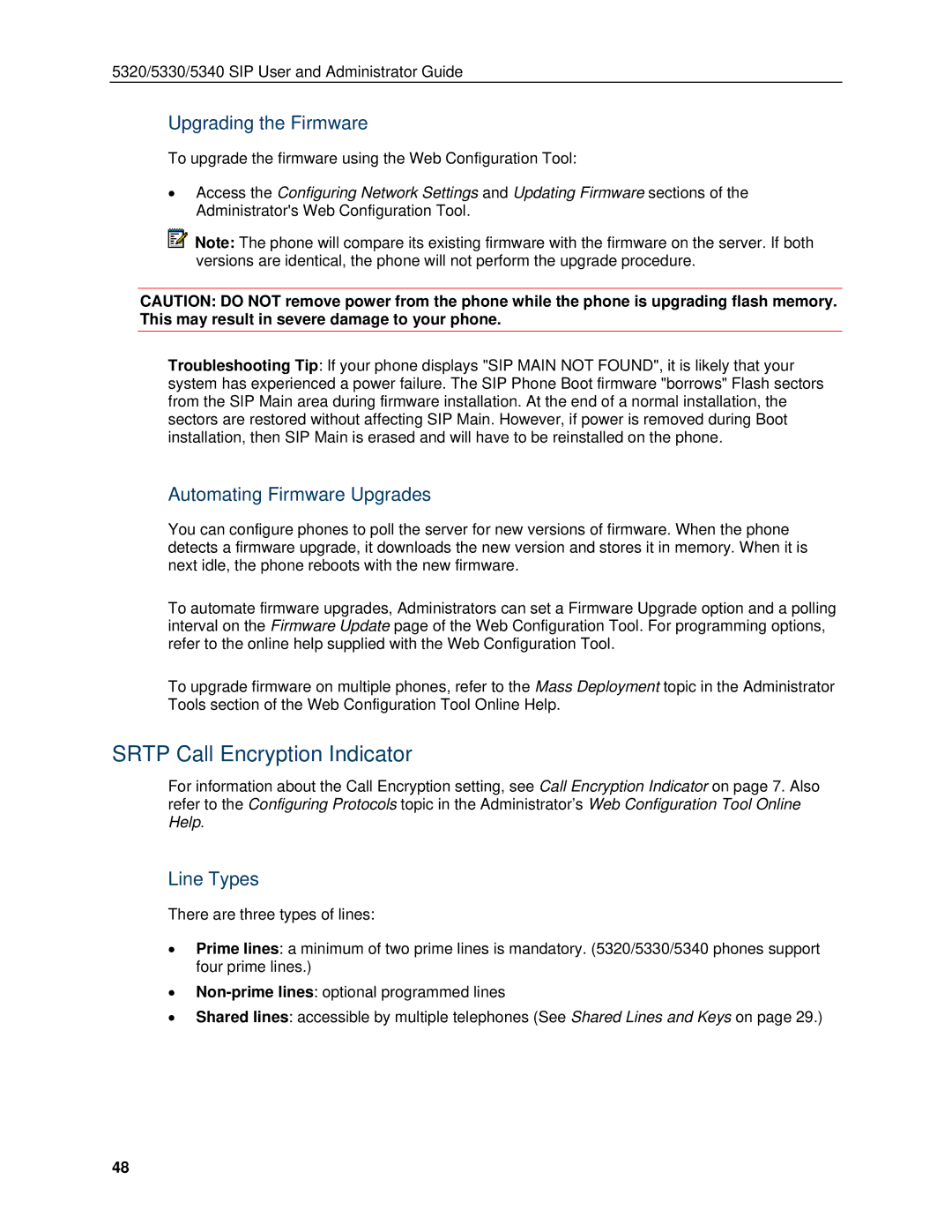 Mitel 5340, 5330 manual Srtp Call Encryption Indicator, Upgrading the Firmware, Automating Firmware Upgrades, Line Types 