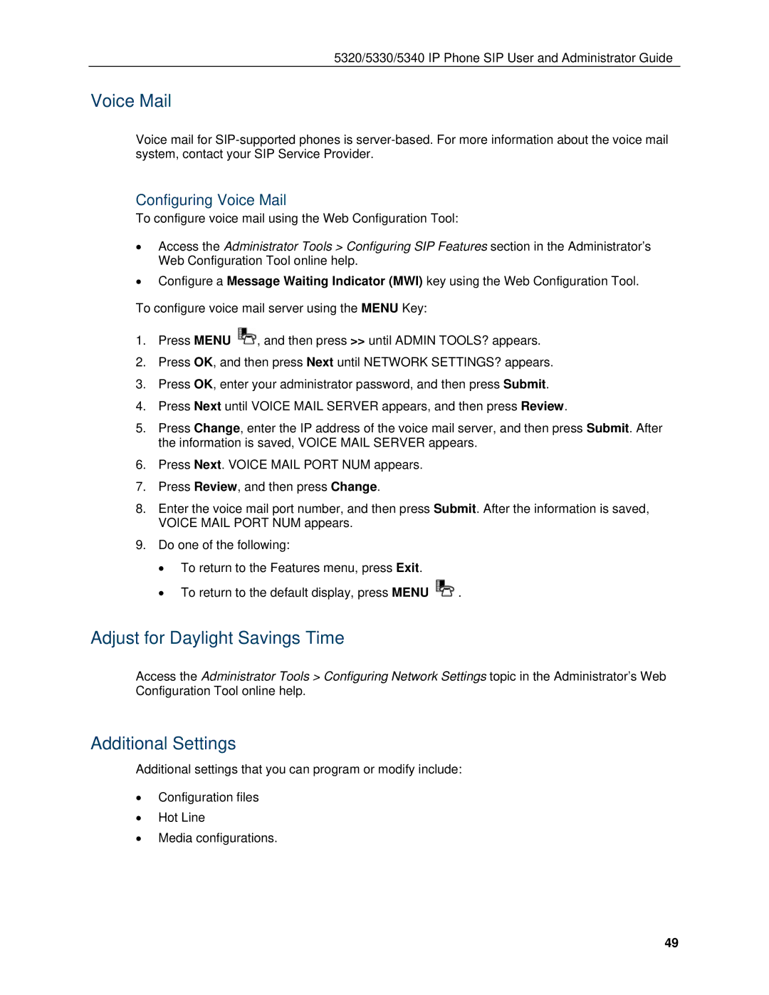 Mitel 5330, 5340 manual Adjust for Daylight Savings Time, Additional Settings, Configuring Voice Mail 