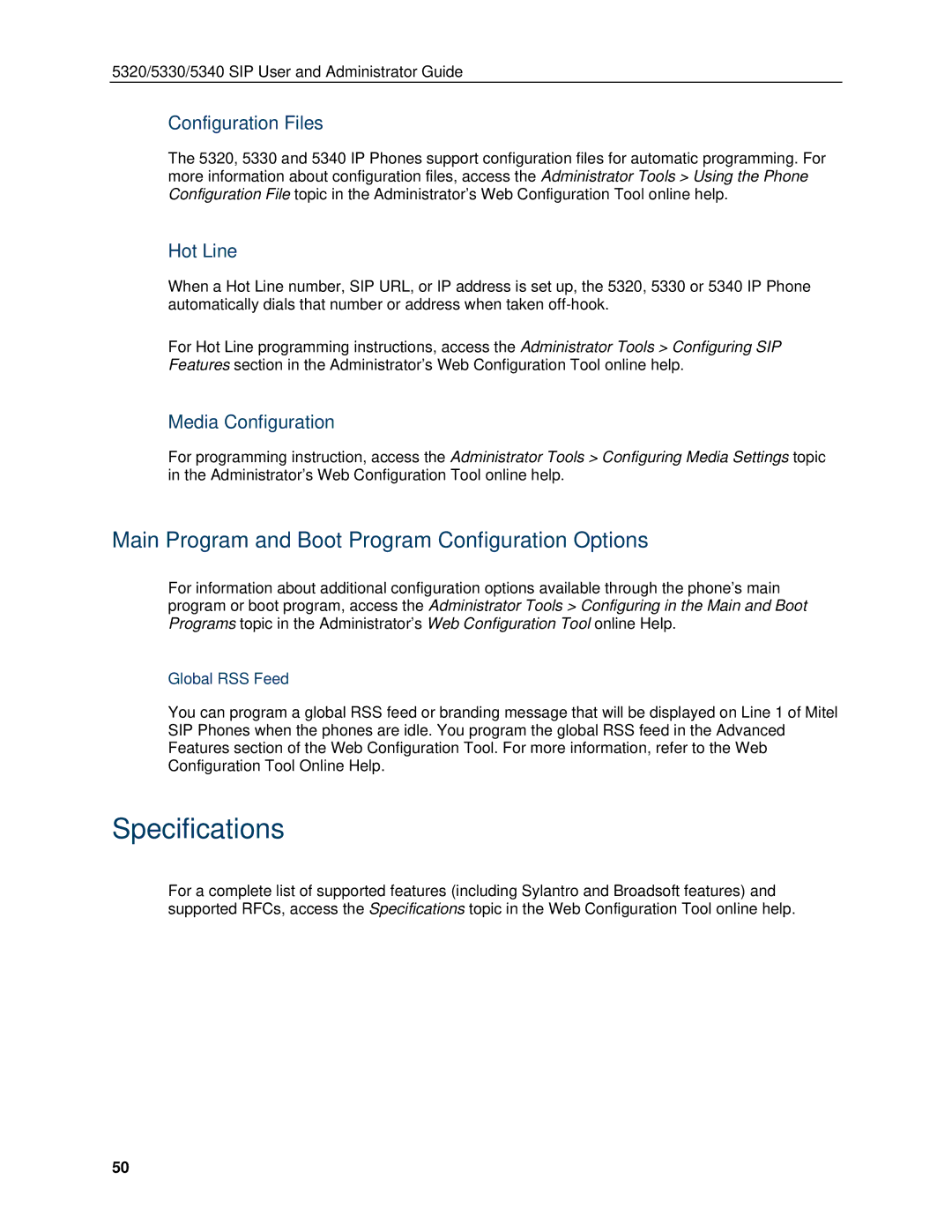 Mitel 5340, 5330 manual Specifications, Main Program and Boot Program Configuration Options, Configuration Files, Hot Line 