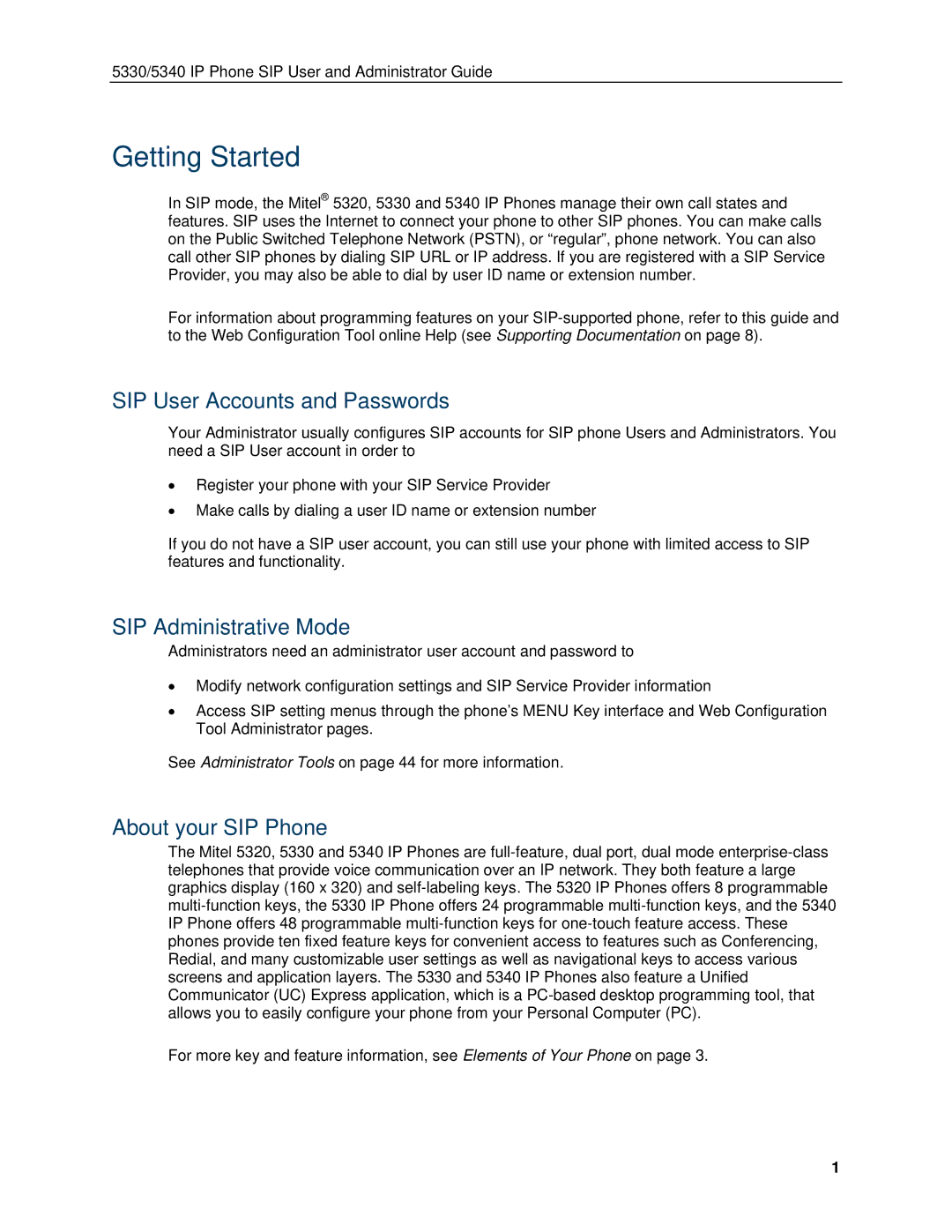 Mitel 5330, 5340 manual Getting Started, SIP User Accounts and Passwords, SIP Administrative Mode, About your SIP Phone 