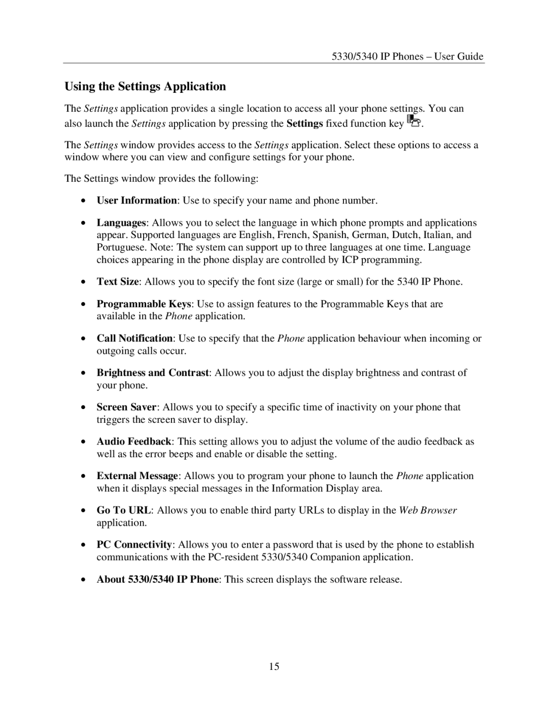 Mitel 5330, 5340 manual Using the Settings Application 