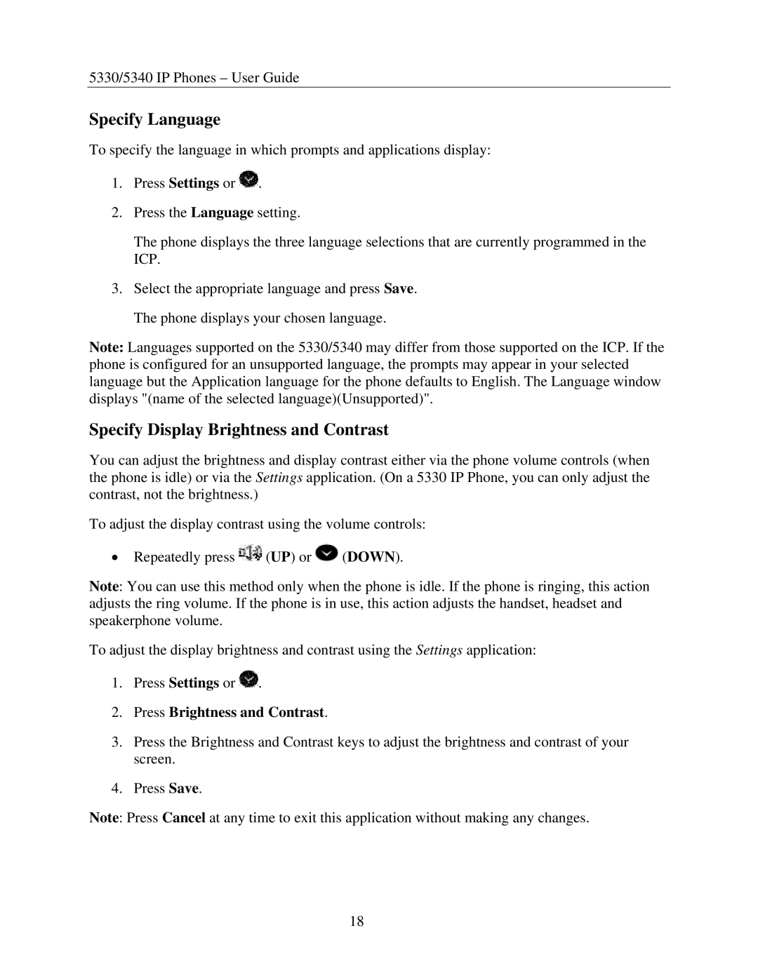 Mitel 5340, 5330 manual Specify Language, Specify Display Brightness and Contrast, Press Brightness and Contrast 