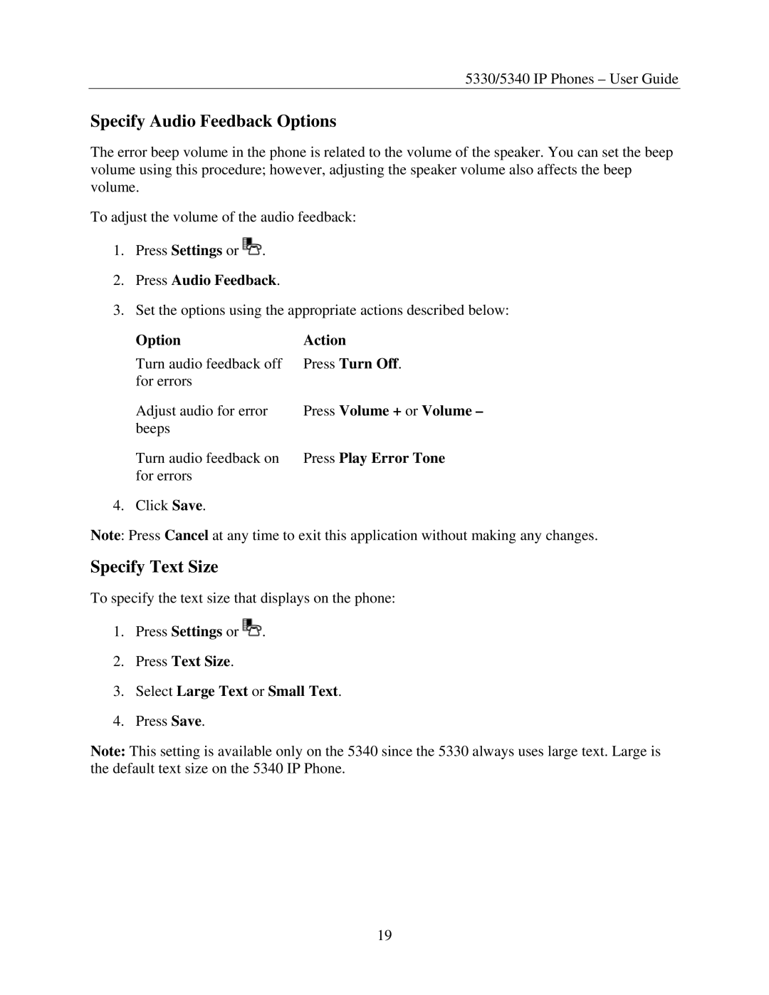 Mitel 5330, 5340 manual Specify Audio Feedback Options, Specify Text Size 