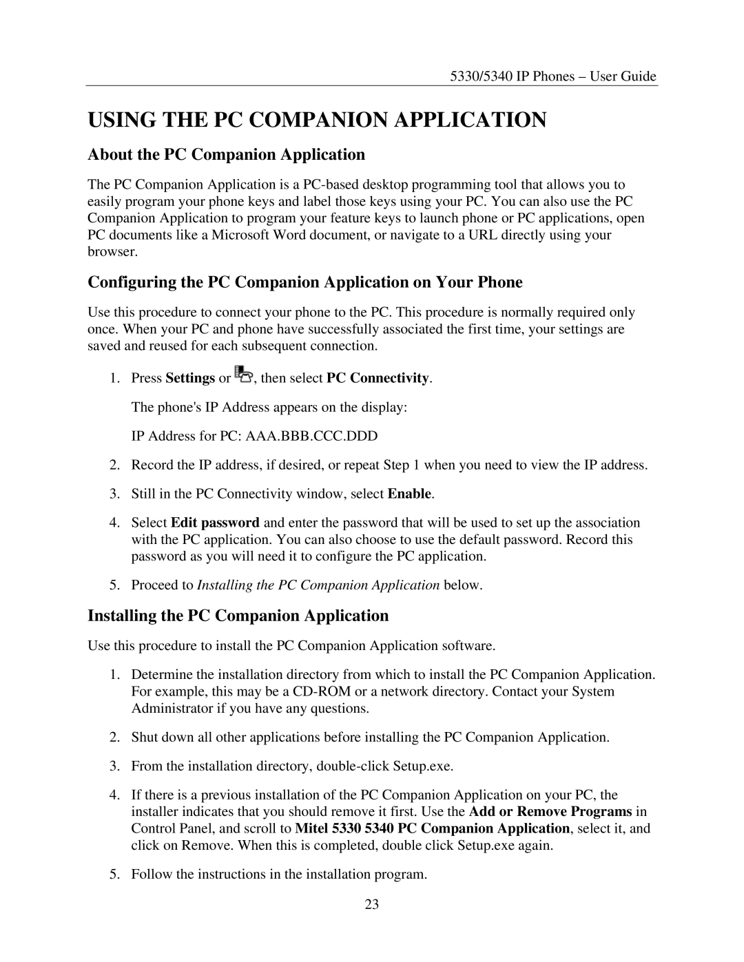 Mitel 5330 Using the PC Companion Application, About the PC Companion Application, Installing the PC Companion Application 
