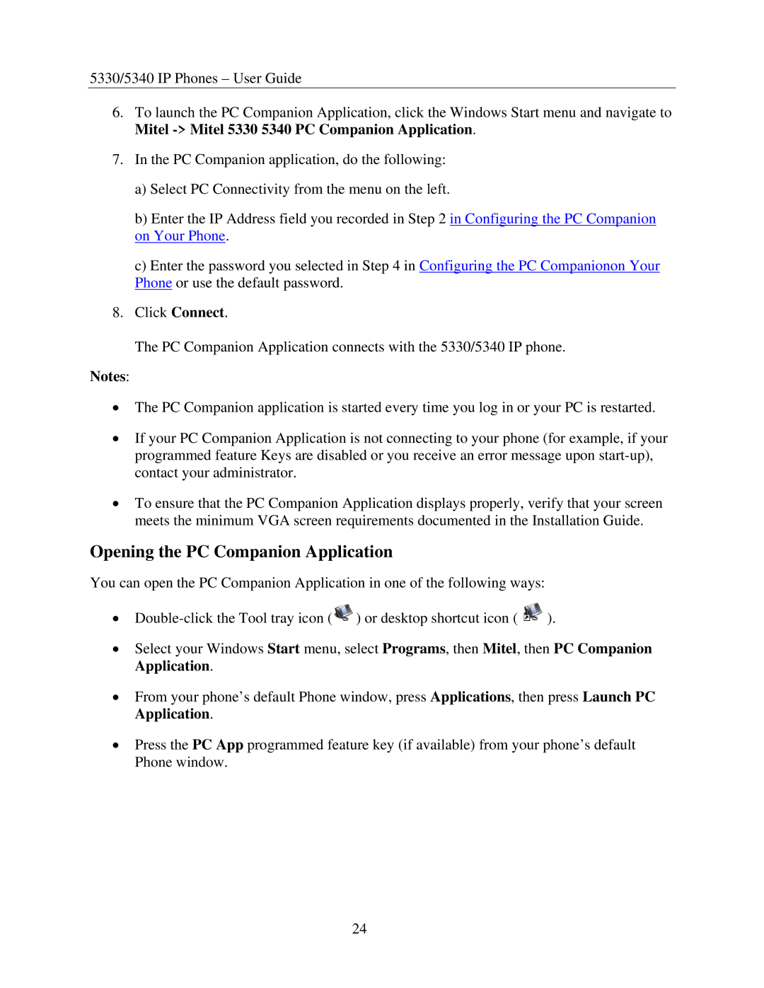 Mitel 5340, 5330 manual Opening the PC Companion Application 